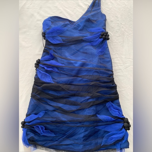 One Shoulder mesh Tulle Overlay black & blue mini Dress w flower detail size 6 - Picture 12 of 15